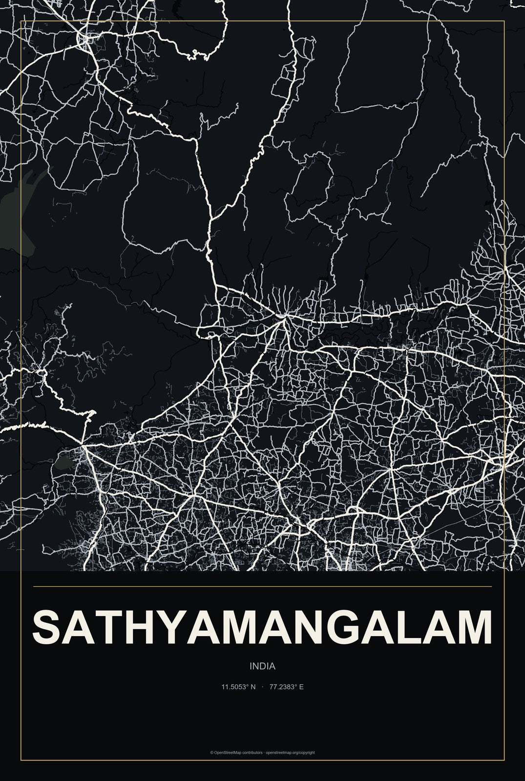 Sathyamangalam, India City Map Aluminum Sign in Metropolitan Noir style