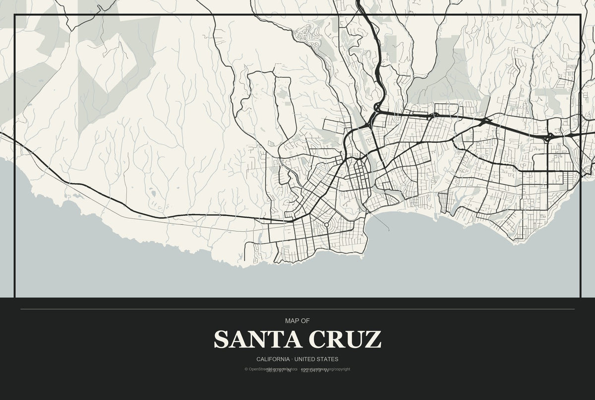 Santa Cruz, California City Map Aluminum Sign in Museum Plaque style