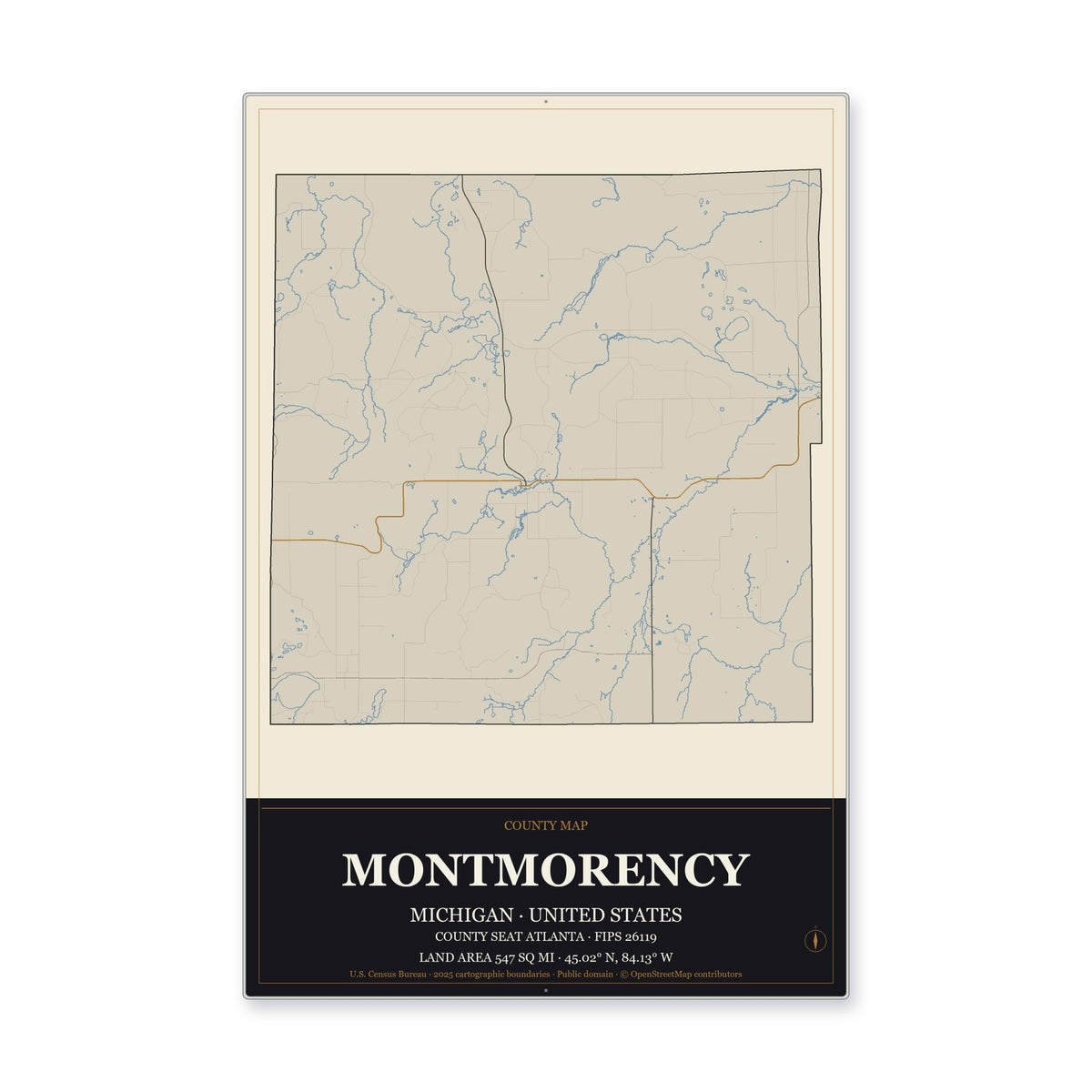 Montmorency County, Michigan Map Aluminum Sign in Museum Plaque style