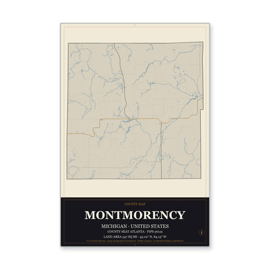 Montmorency County, Michigan Map Aluminum Sign in Museum Plaque style
