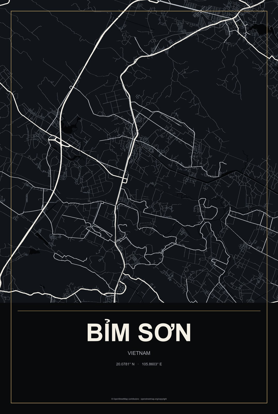 Bỉm Sơn, Vietnam City Map Aluminum Sign in Metropolitan Noir style