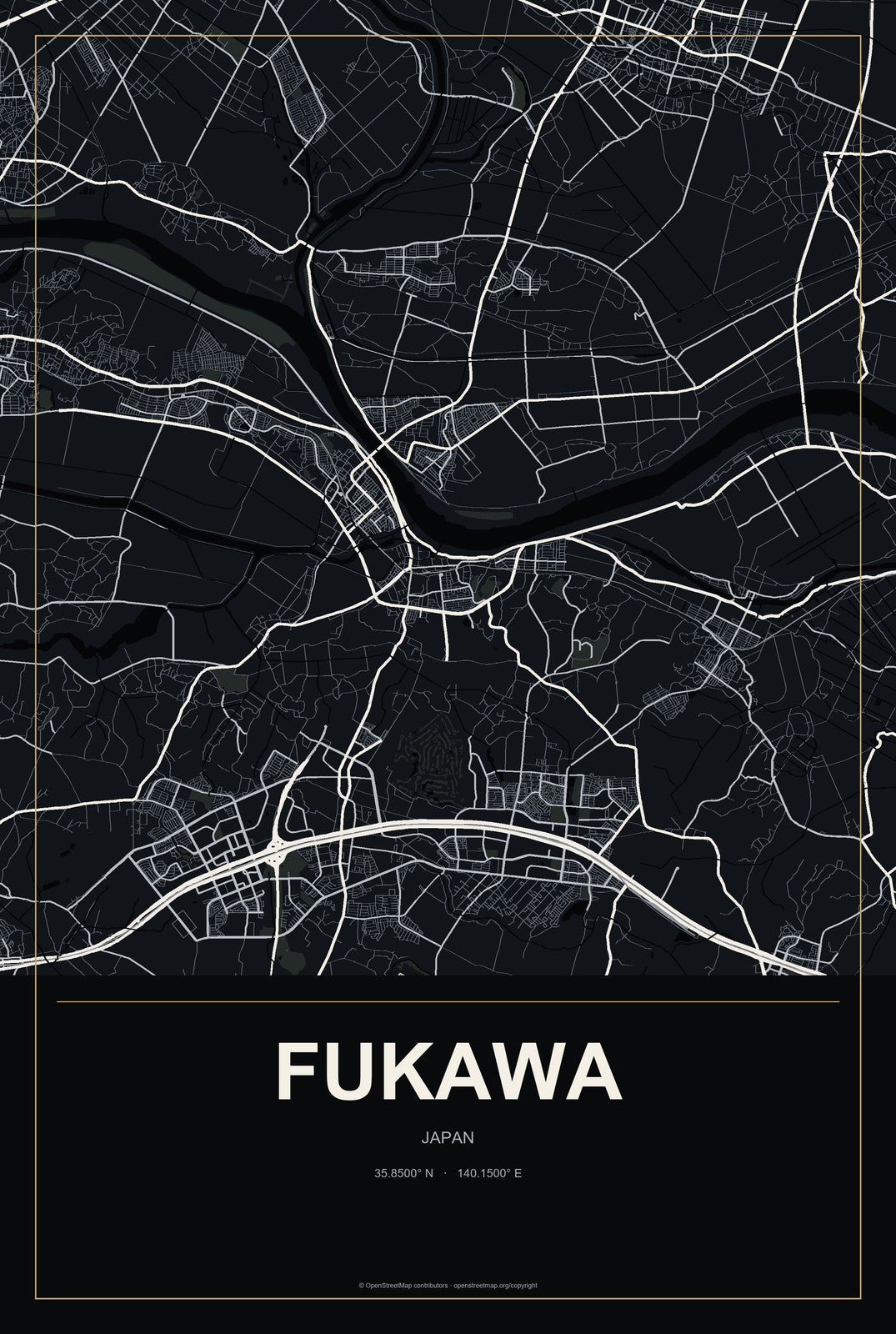 Fukawa, Japan City Map Aluminum Sign in Metropolitan Noir style