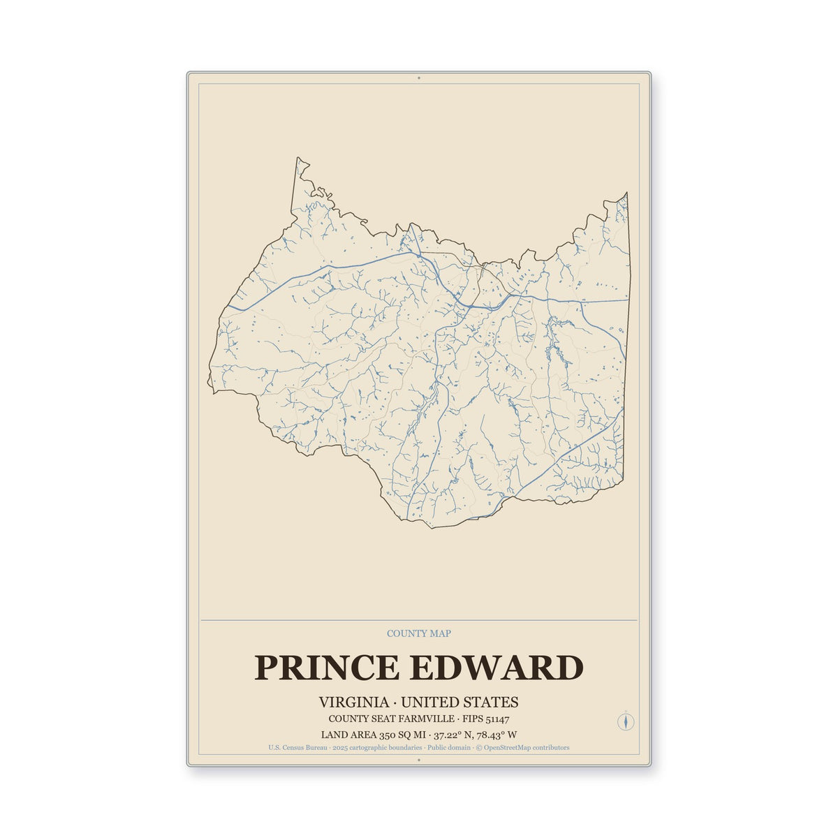 Prince Edward County, Virginia Map Aluminum Sign in Heritage Nautical style