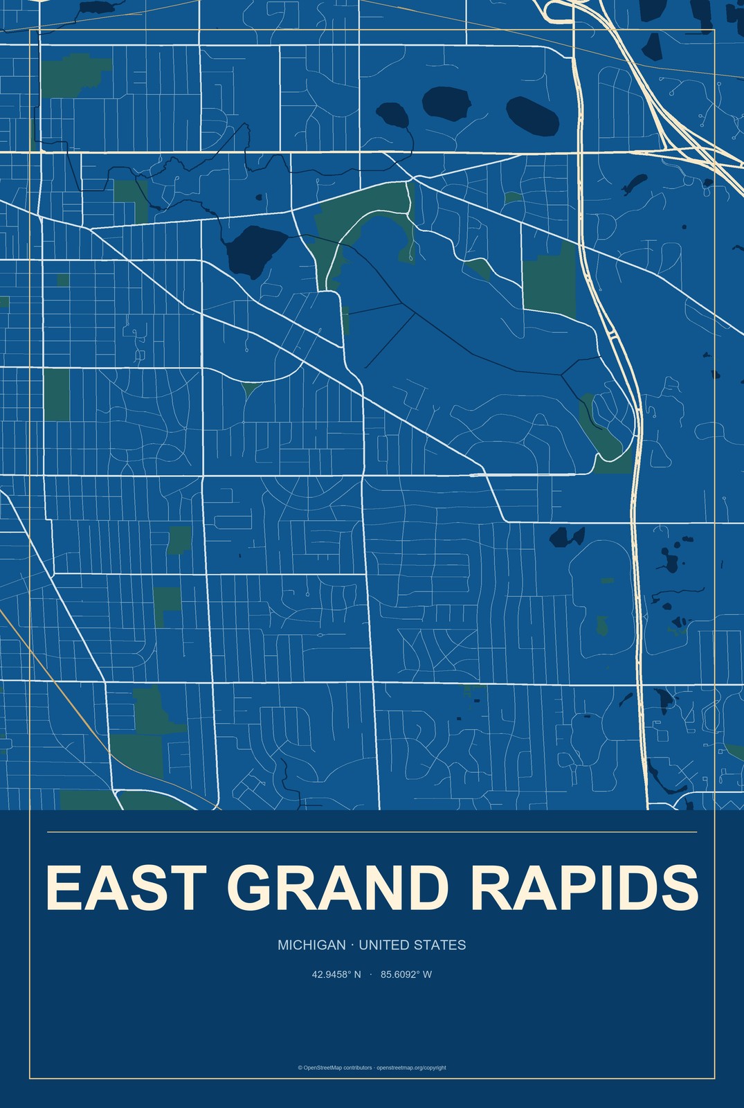 East Grand Rapids, Michigan City Map Aluminum Sign in Harbor Cobalt style