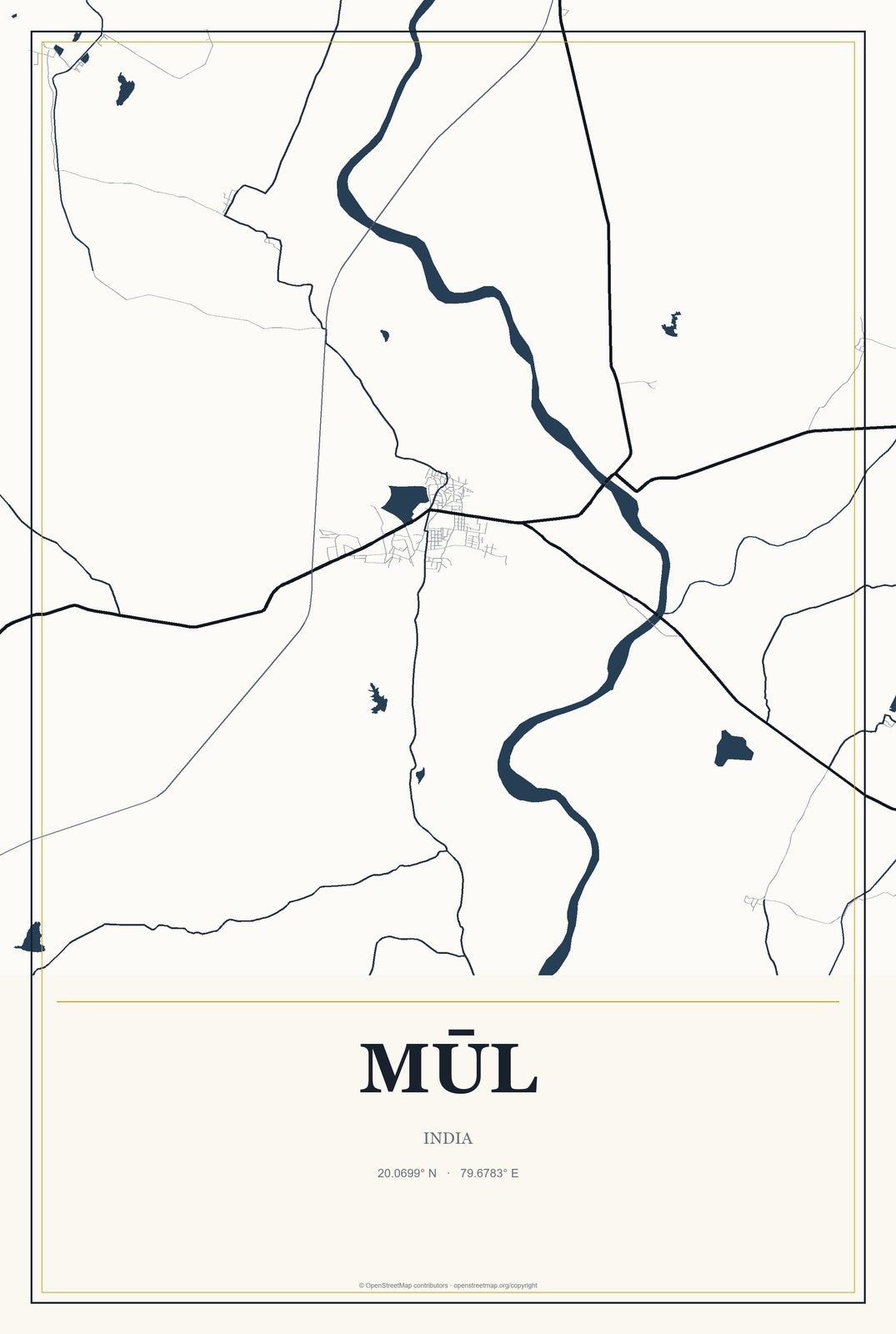 Mūl, India City Map Aluminum Sign in Citrine Modern style