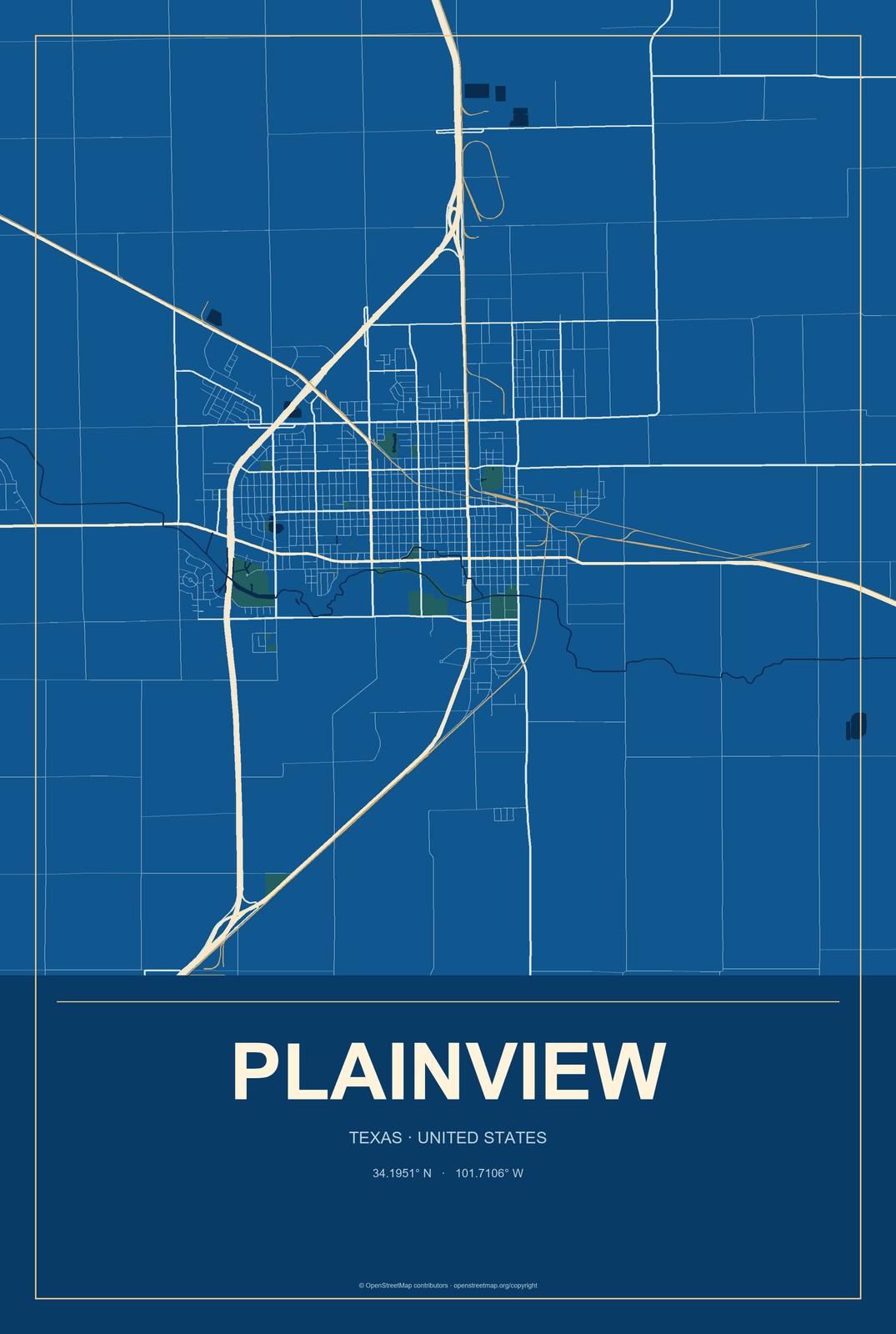 Plainview, Texas City Map Aluminum Sign in Harbor Cobalt style