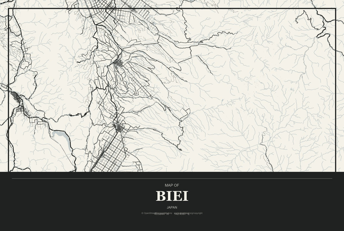 Biei, Japan City Map Aluminum Sign in Museum Plaque style