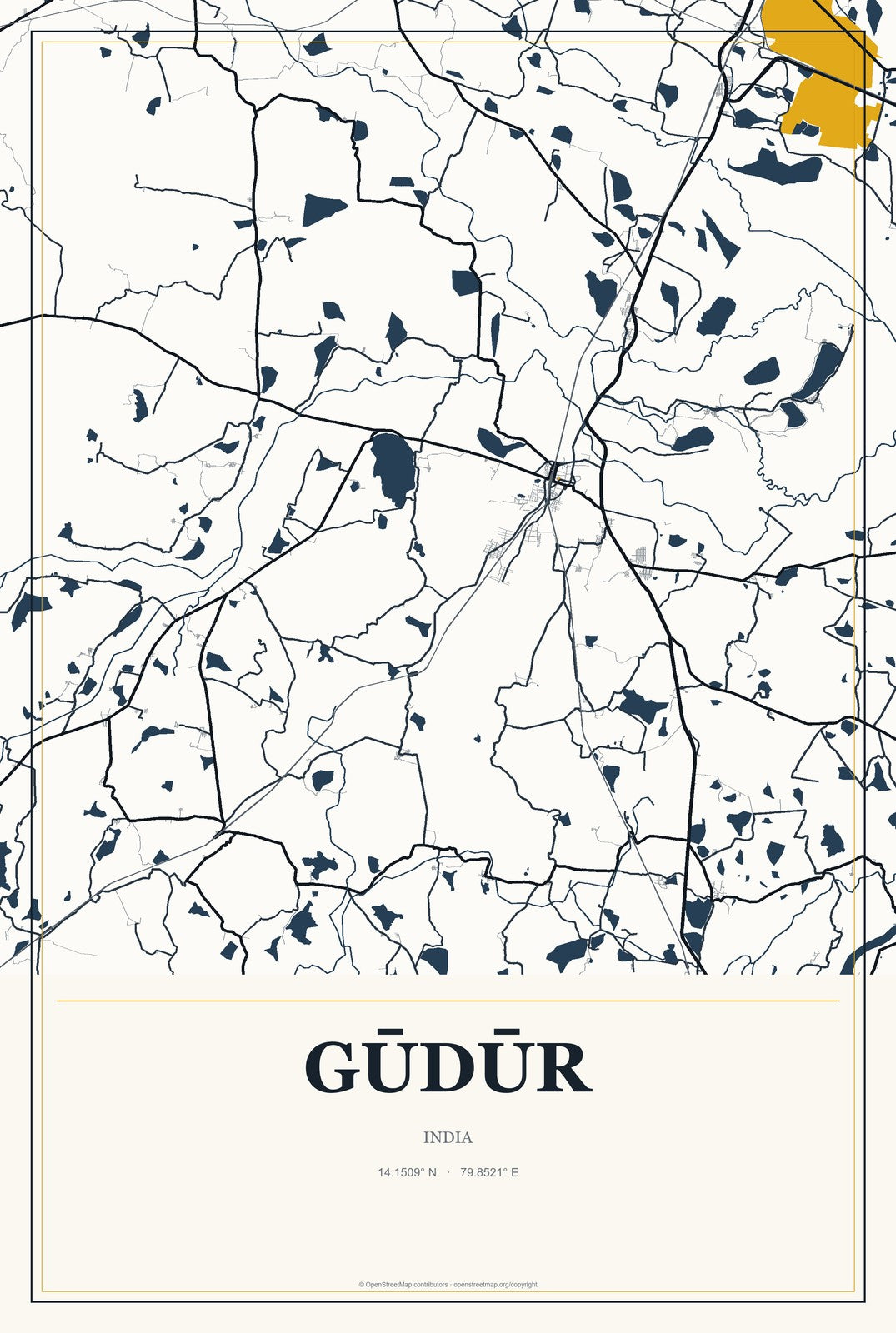 Gūdūr, Karnataka, India City Map Aluminum Sign in Citrine Modern style