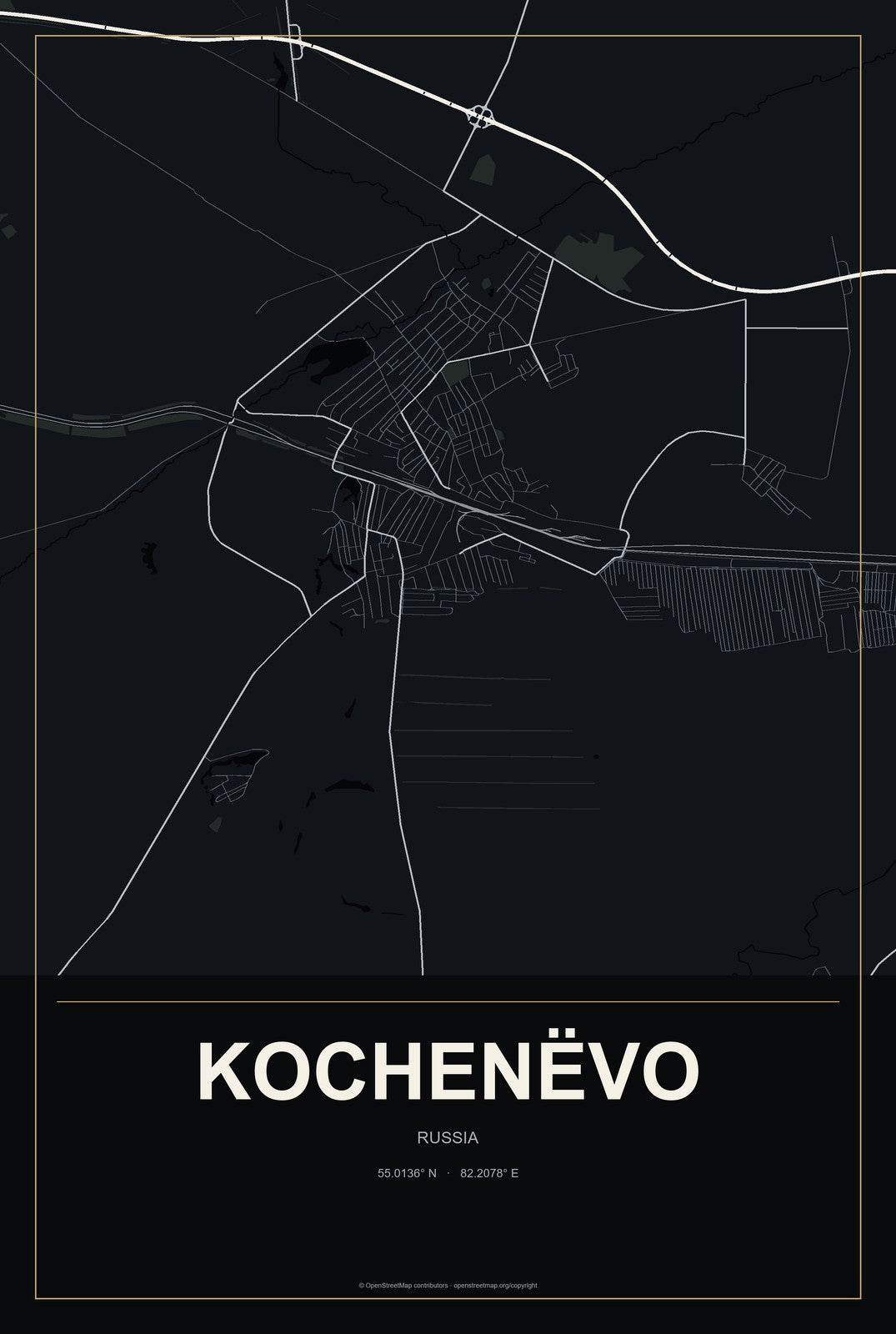 Kochenëvo, Russia City Map Aluminum Sign in Metropolitan Noir style
