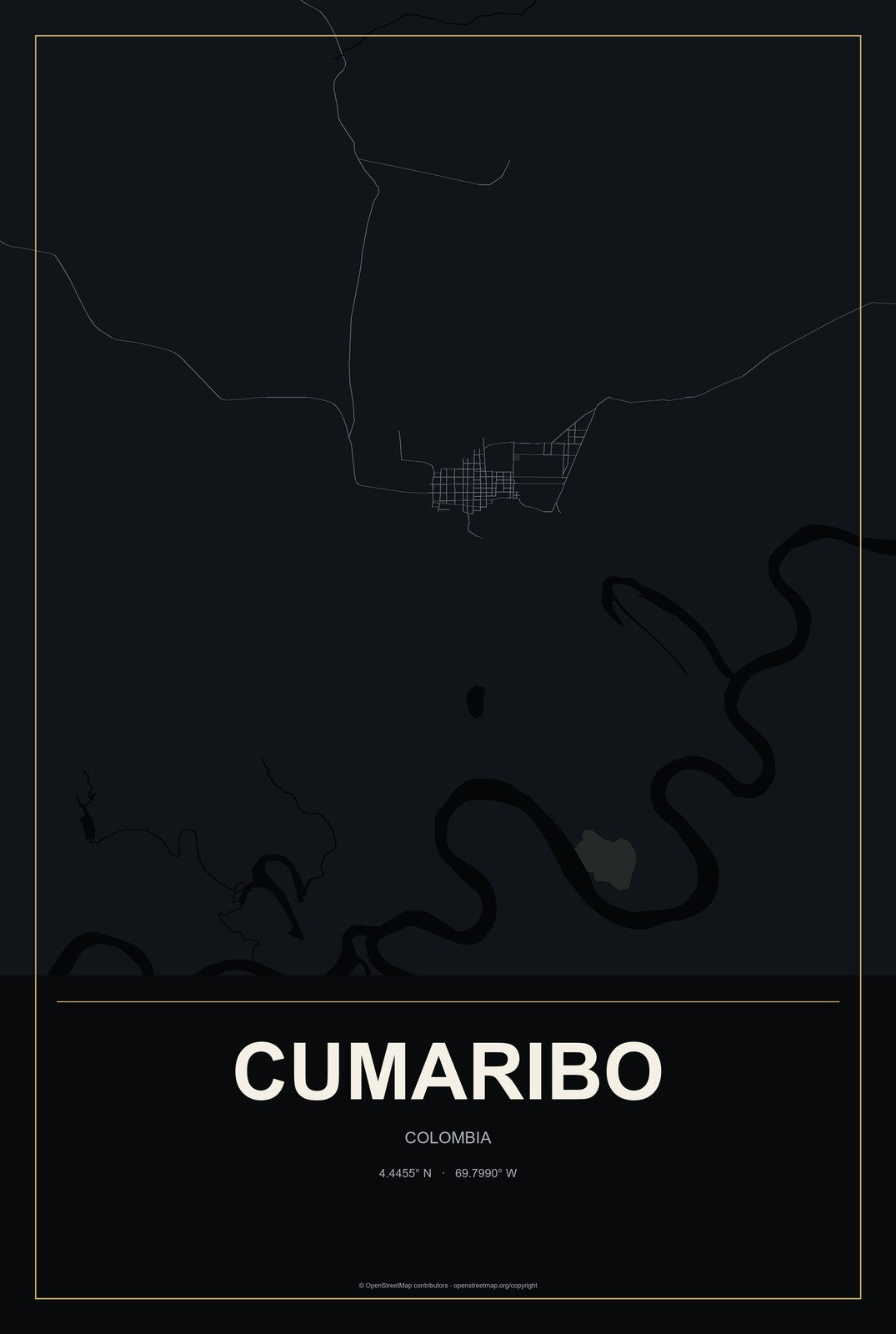 Cumaribo, Colombia City Map Aluminum Sign in Metropolitan Noir style