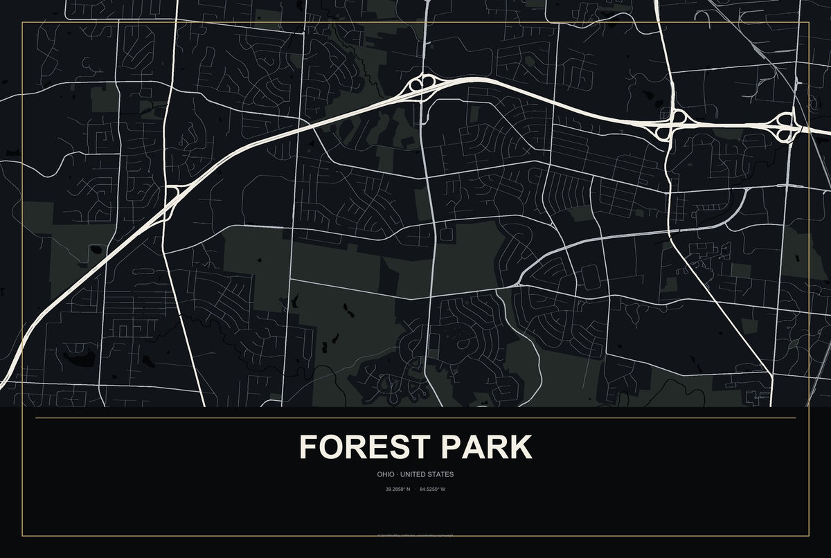 Forest Park, Ohio City Map Aluminum Sign in Metropolitan Noir style