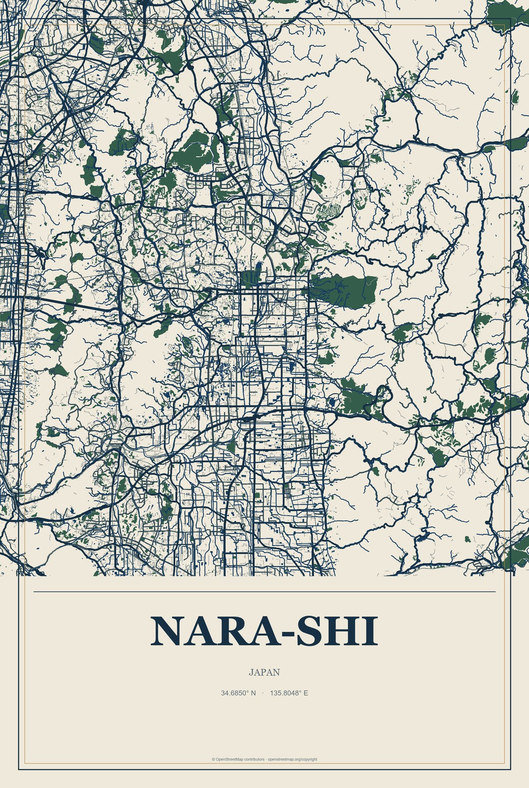 Nara-shi, Japan City Map Aluminum Sign in Coastal Cutout style