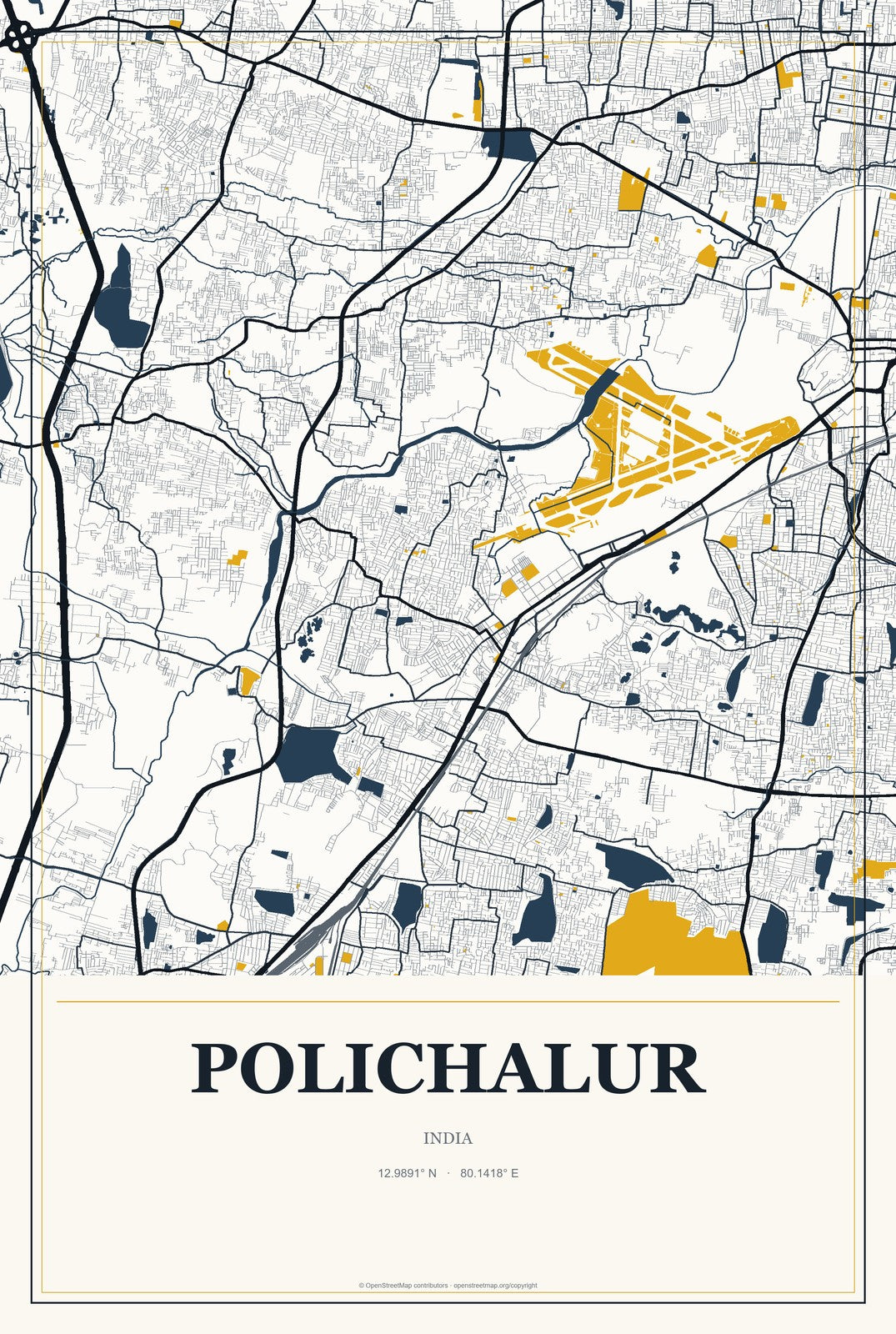 Polichalur, India City Map Aluminum Sign in Citrine Modern style