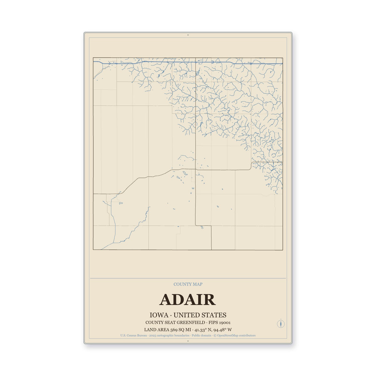 Adair County, Iowa Map Aluminum Sign in Heritage Nautical style