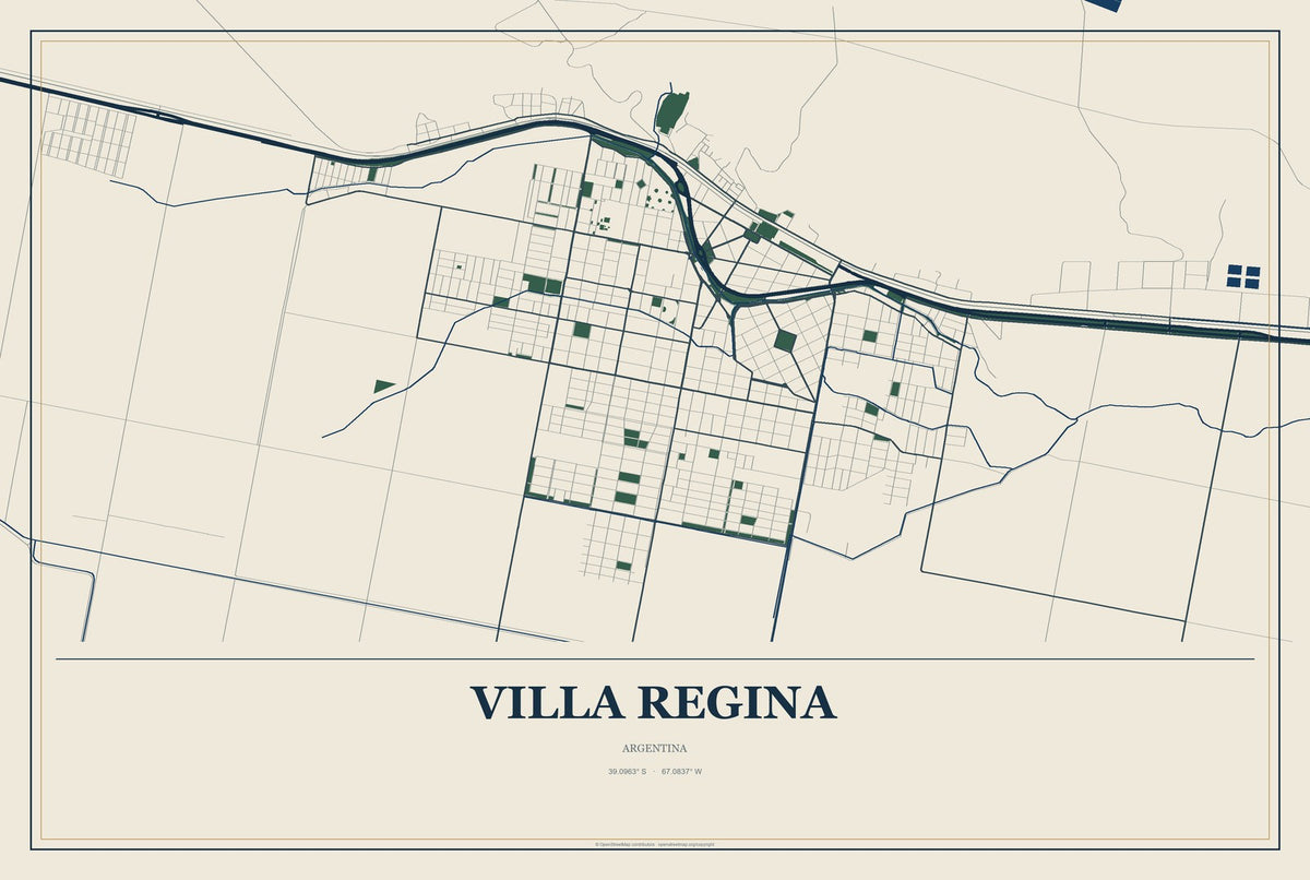 Villa Regina, Argentina City Map Aluminum Sign in Coastal Cutout style