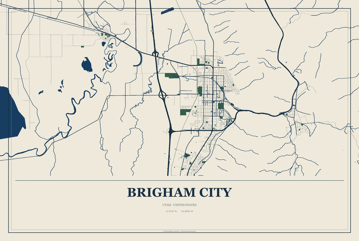 Brigham City, Utah City Map Aluminum Sign in Coastal Cutout style