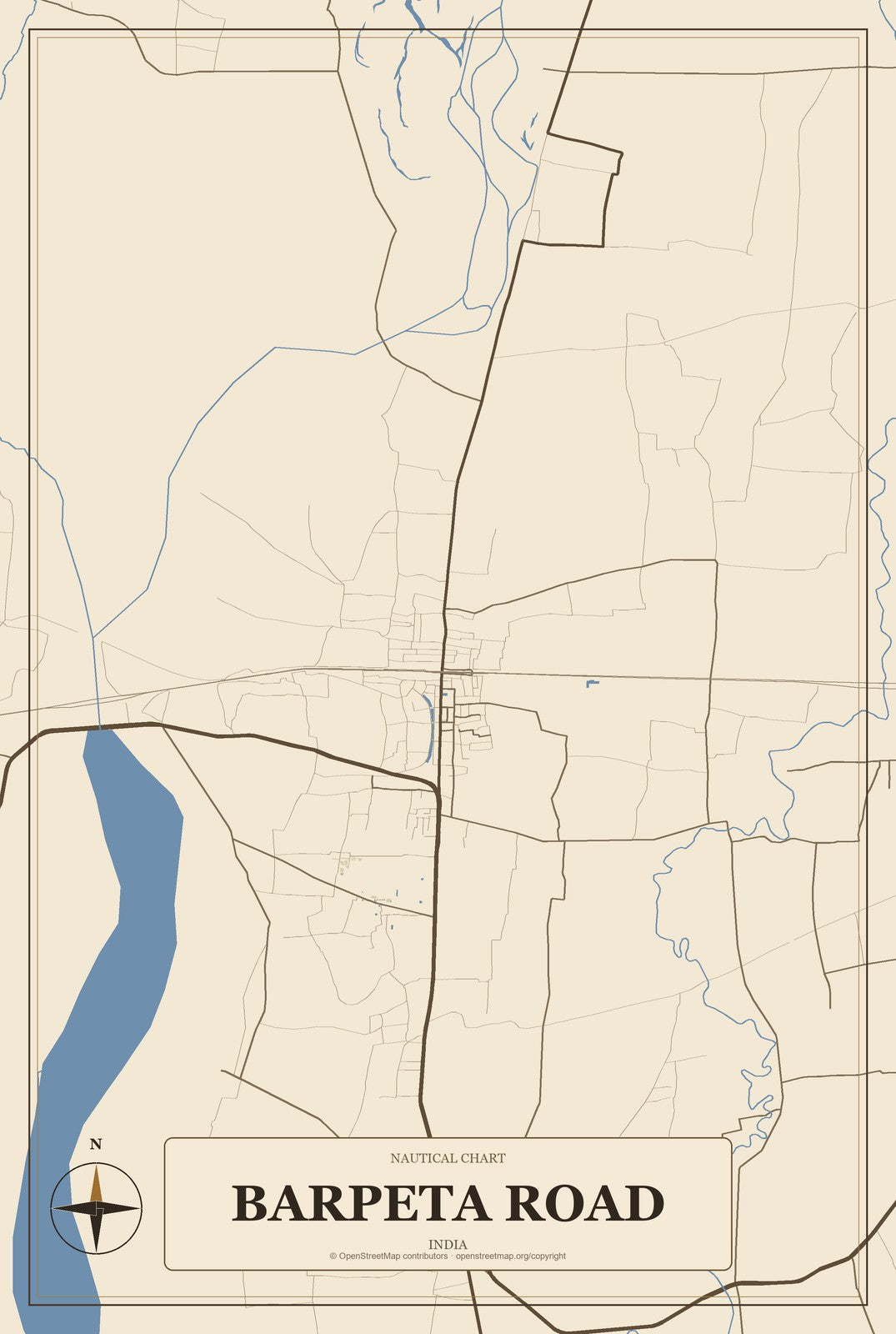 Barpeta Road, India City Map Aluminum Sign in Heritage Nautical style