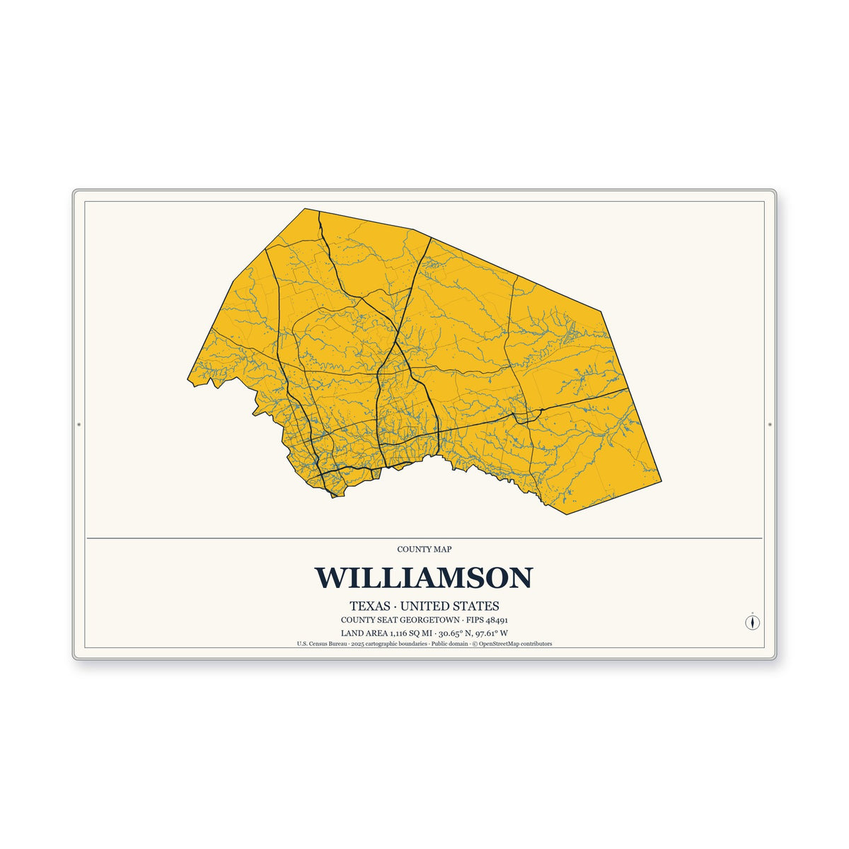 Williamson County, Texas Map Aluminum Sign in Citrine Modern style