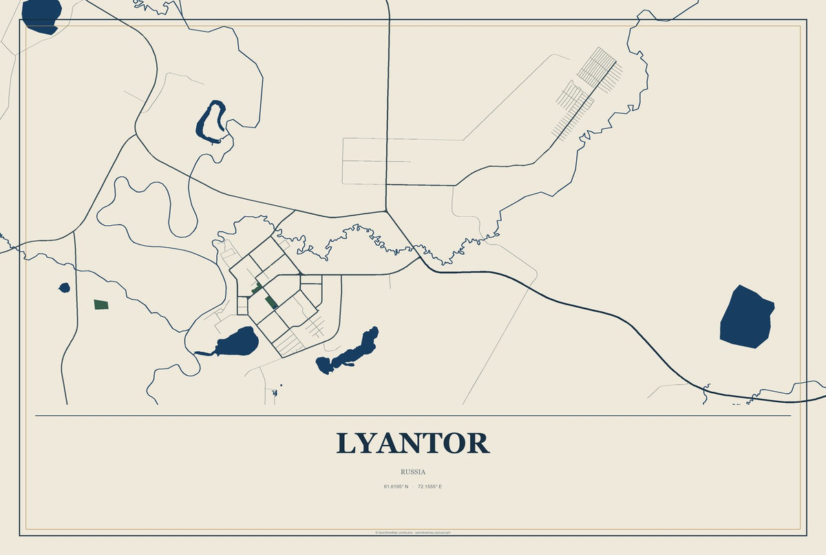 Lyantor, Russia City Map Aluminum Sign in Coastal Cutout style