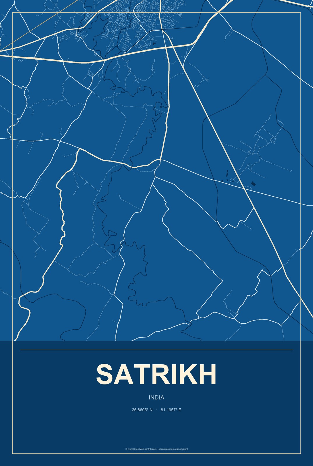 Satrikh, India City Map Aluminum Sign in Harbor Cobalt style