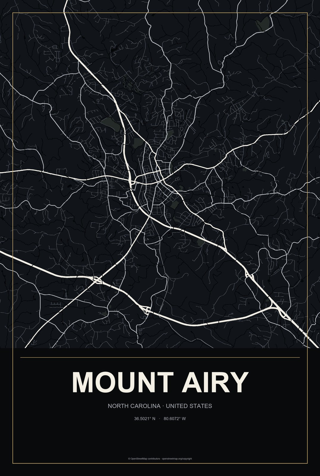 Mount Airy, North Carolina City Map Aluminum Sign in Metropolitan Noir style