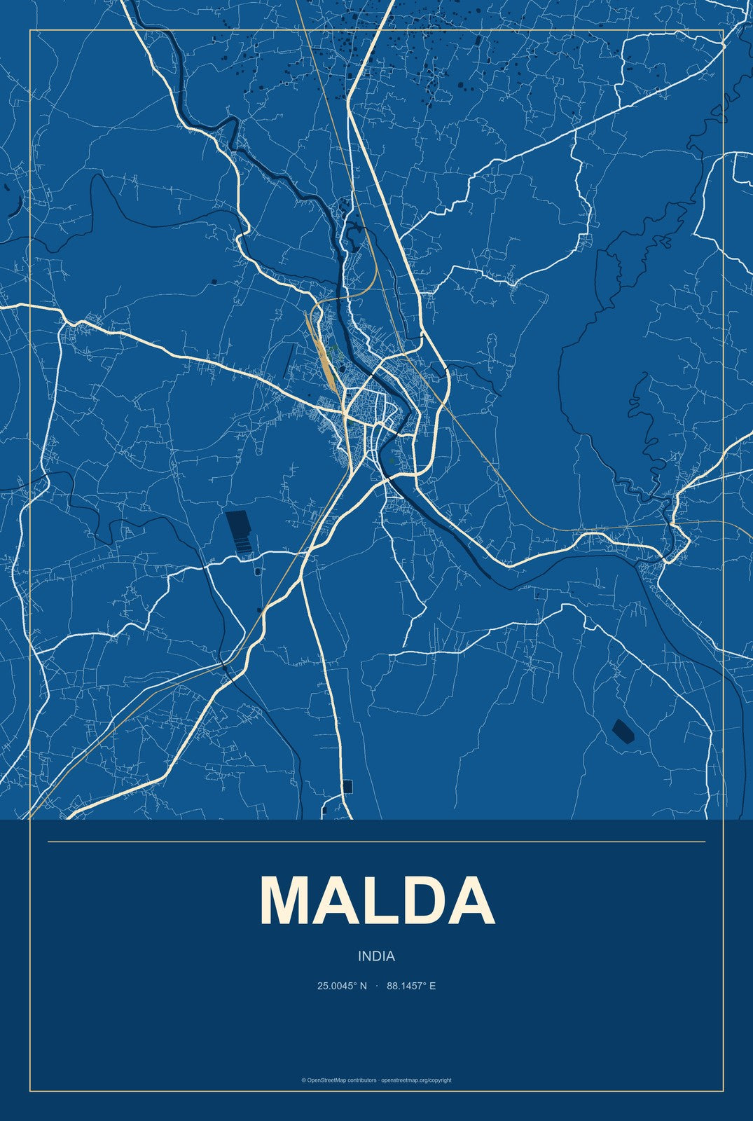 Malda, India City Map Aluminum Sign in Harbor Cobalt style