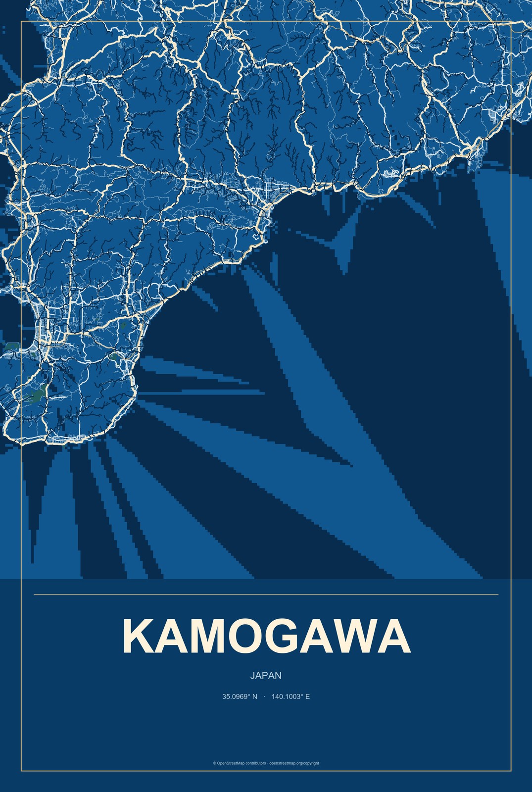 Kamogawa, Japan City Map Aluminum Sign in Harbor Cobalt style