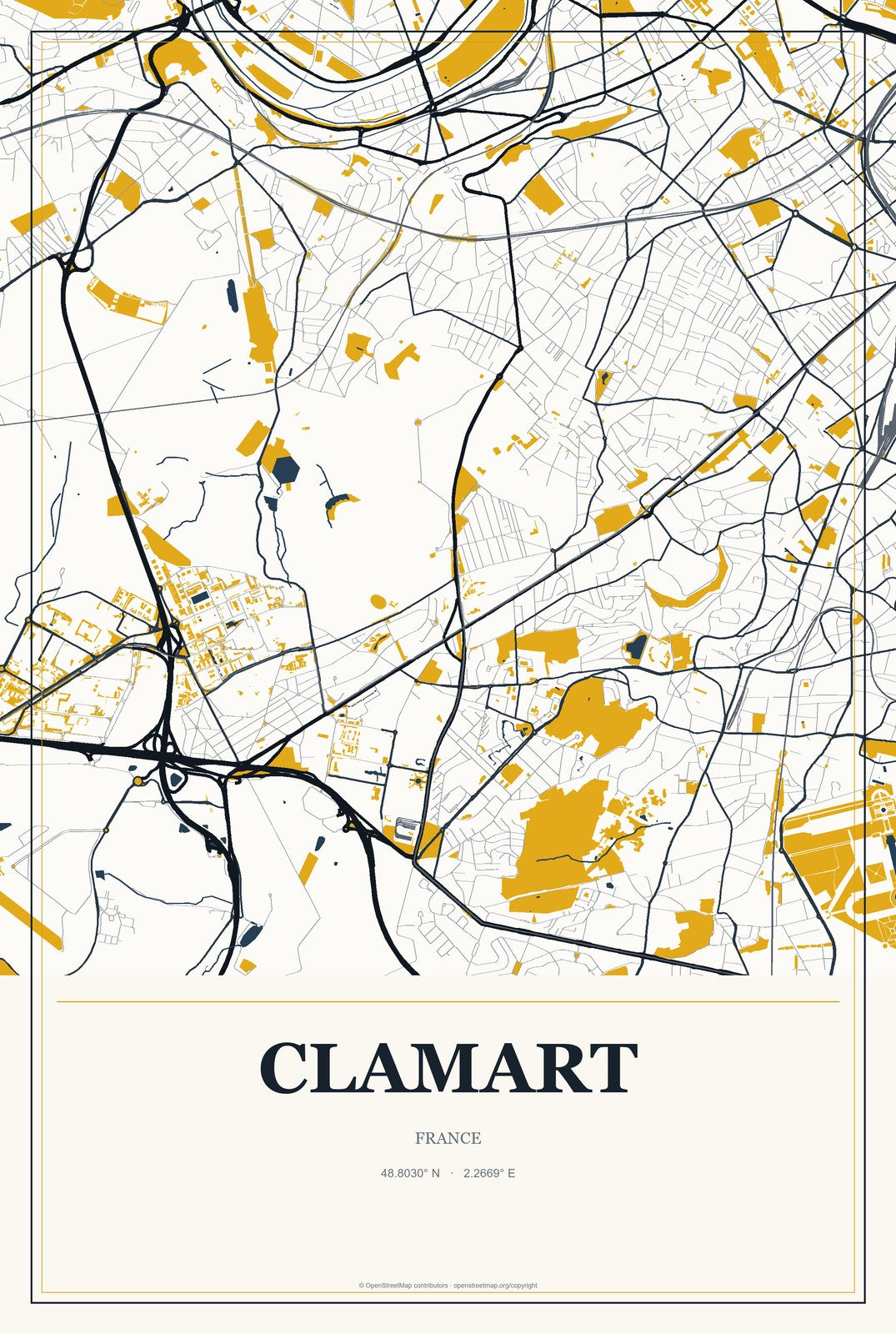 Clamart, France City Map Aluminum Sign in Citrine Modern style