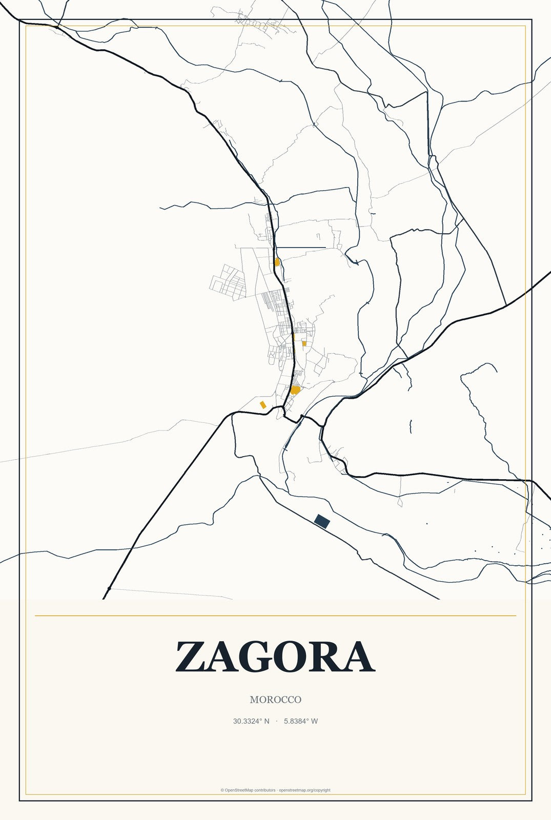 Zagora, Morocco City Map Aluminum Sign in Citrine Modern style