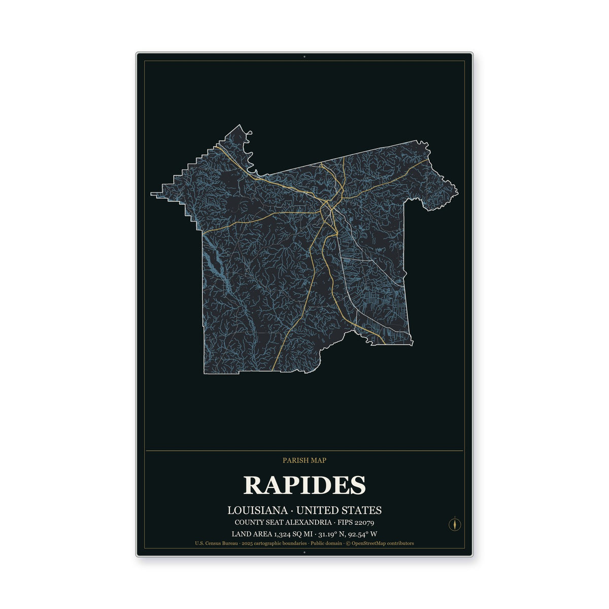 Rapides Parish, Louisiana Map Aluminum Sign in Metropolitan Noir style
