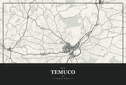 Temuco, Chile City Map Aluminum Sign in Museum Plaque style