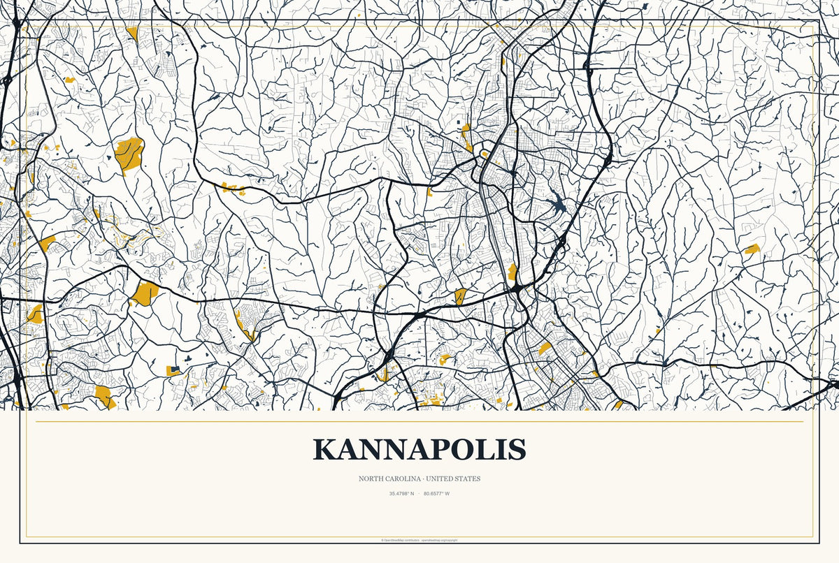 Kannapolis, North Carolina City Map Aluminum Sign in Citrine Modern style