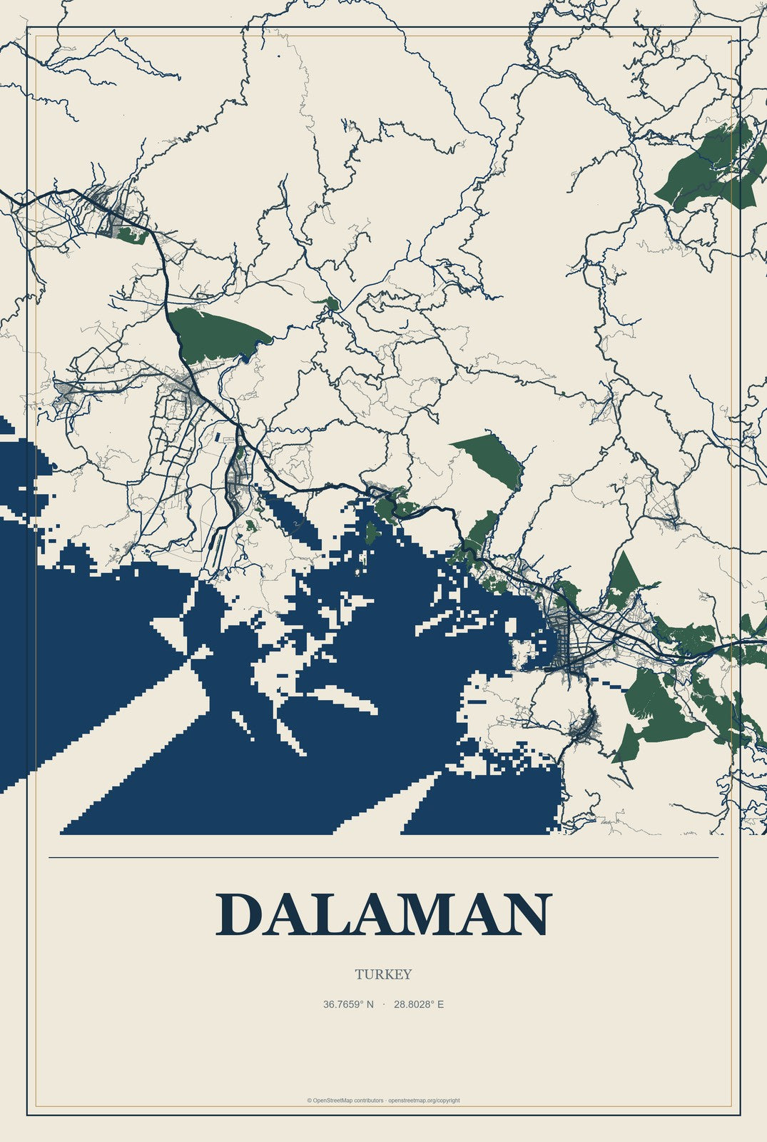 Dalaman, Turkey City Map Aluminum Sign in Coastal Cutout style