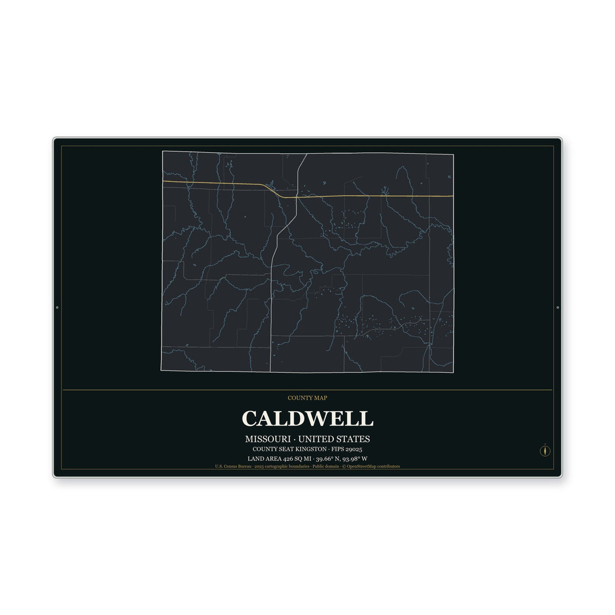 Caldwell County, Missouri Map Aluminum Sign in Metropolitan Noir style