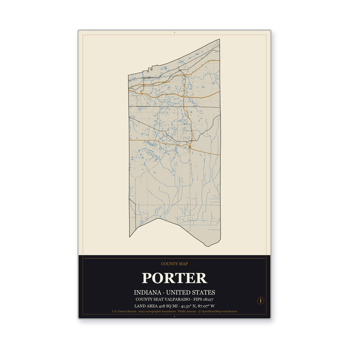 Porter County, Indiana Map Aluminum Sign in Museum Plaque style