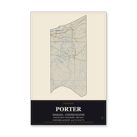 Porter County, Indiana Map Aluminum Sign in Museum Plaque style