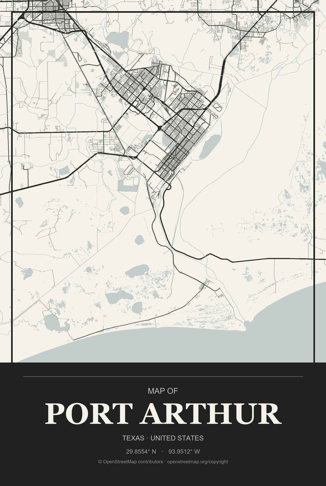 Port Arthur, Texas City Map Aluminum Sign in Museum Plaque style