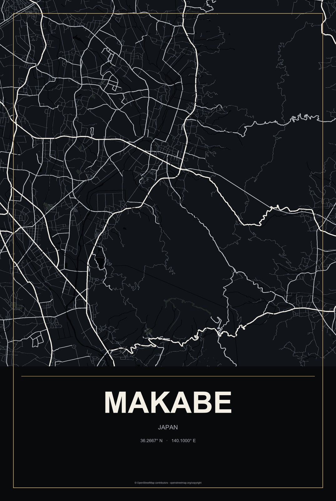 Makabe, Japan City Map Aluminum Sign in Metropolitan Noir style