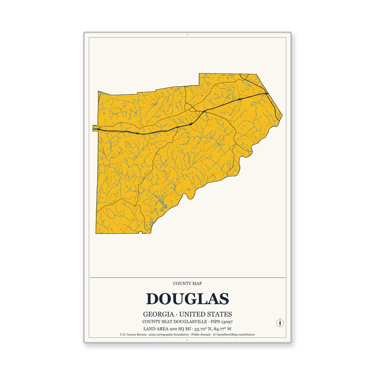 Douglas County, Georgia Map Aluminum Sign in Citrine Modern style