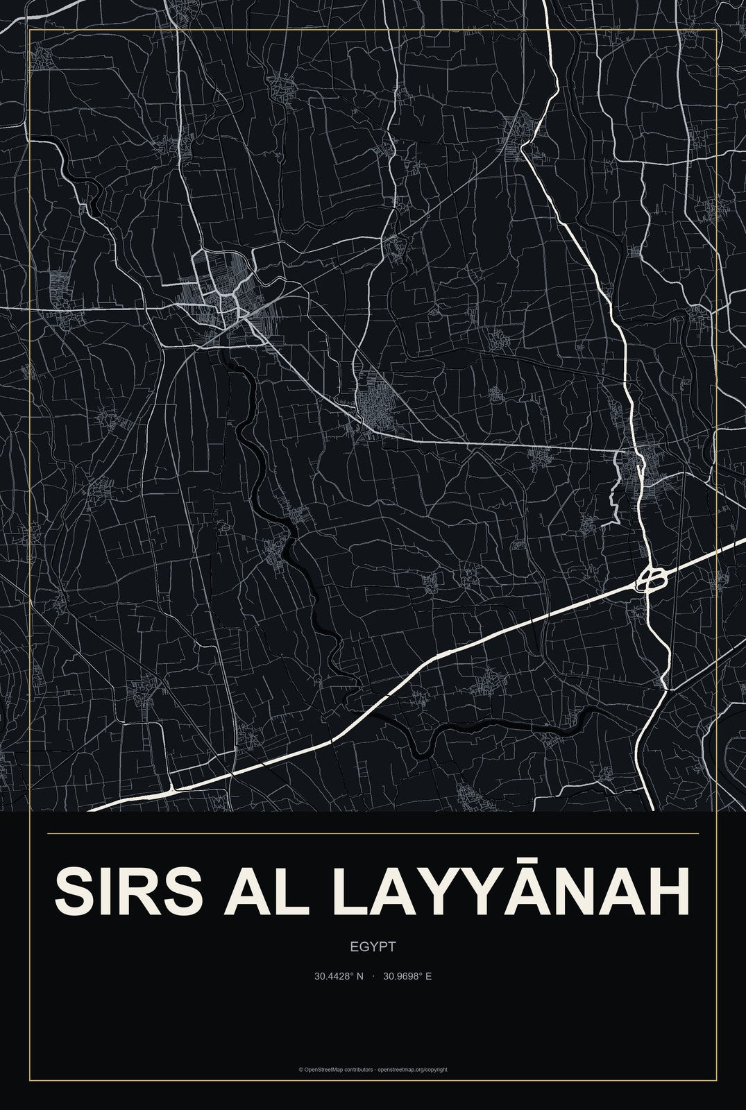 Sirs al Layyānah, Egypt City Map Aluminum Sign in Metropolitan Noir style