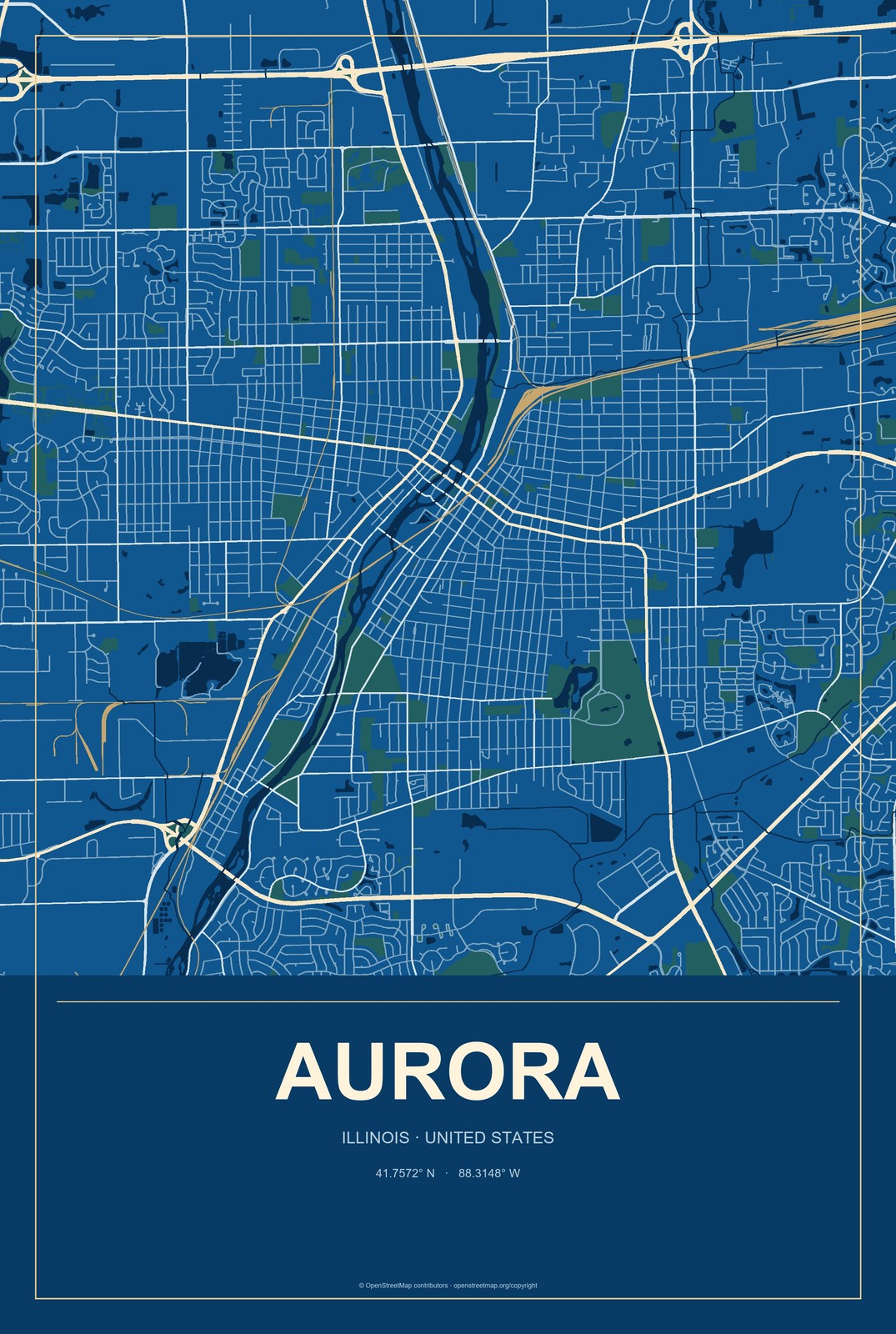 Aurora, Illinois City Map Aluminum Sign in Harbor Cobalt style