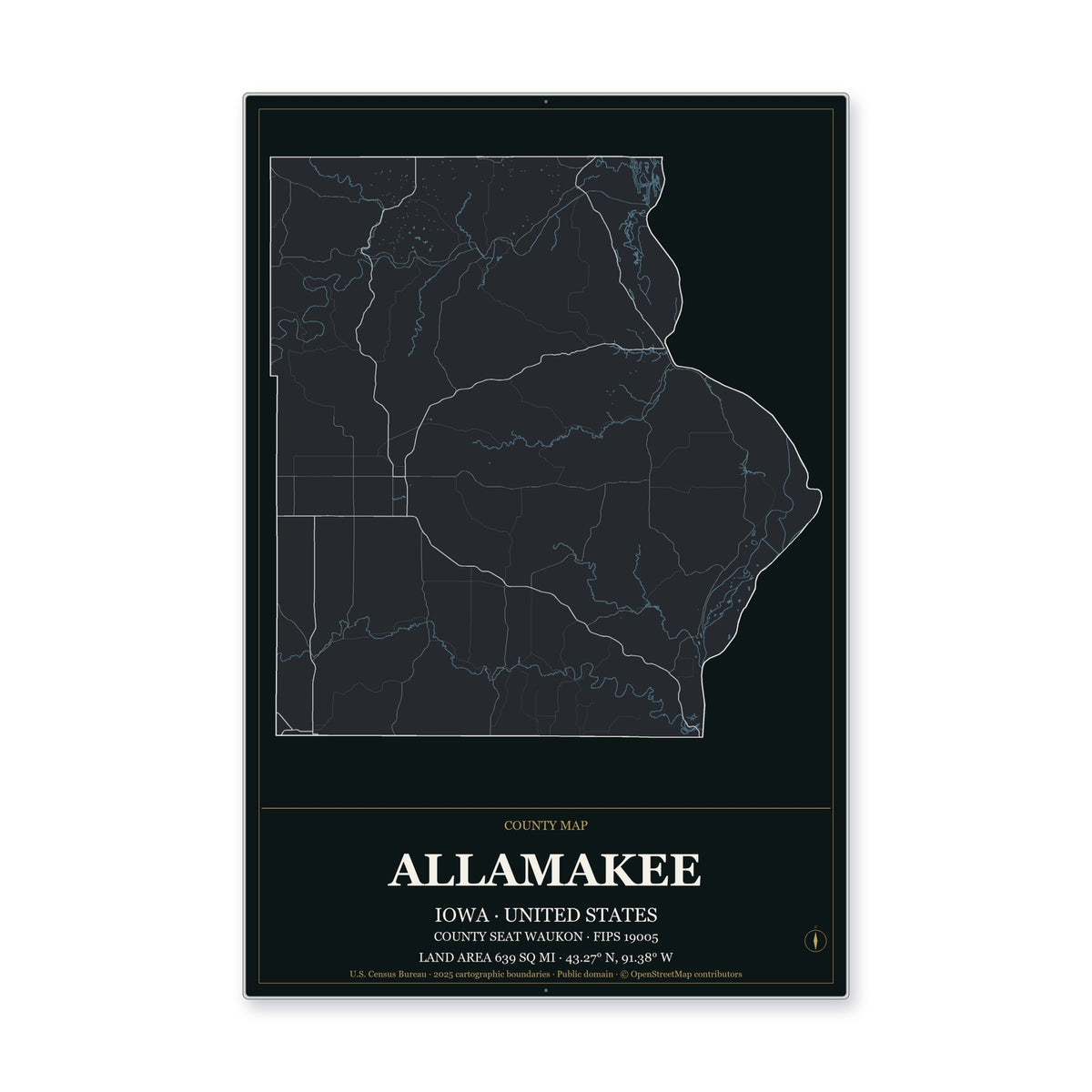 Allamakee County, Iowa Map Aluminum Sign in Metropolitan Noir style