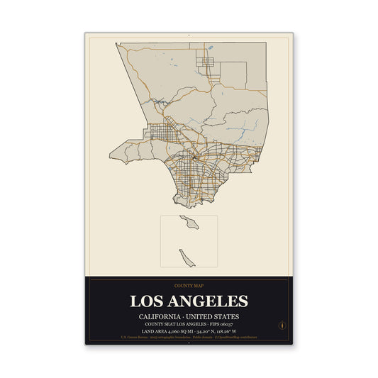 Los Angeles County, California Map Aluminum Sign in Museum Plaque style