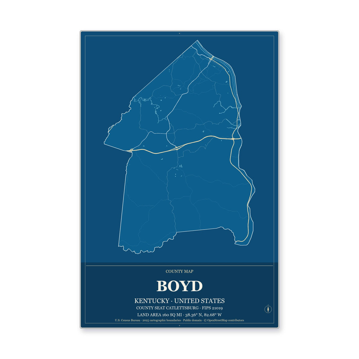 Boyd County, Kentucky Map Aluminum Sign in Harbor Cobalt style