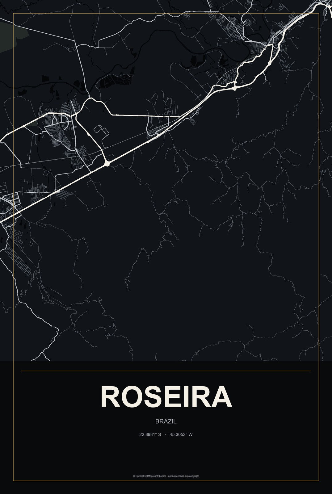 Roseira, Brazil City Map Aluminum Sign in Metropolitan Noir style