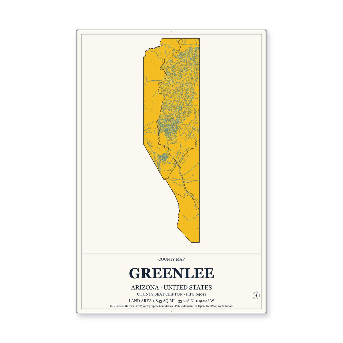 Greenlee County, Arizona Map Aluminum Sign in Citrine Modern style