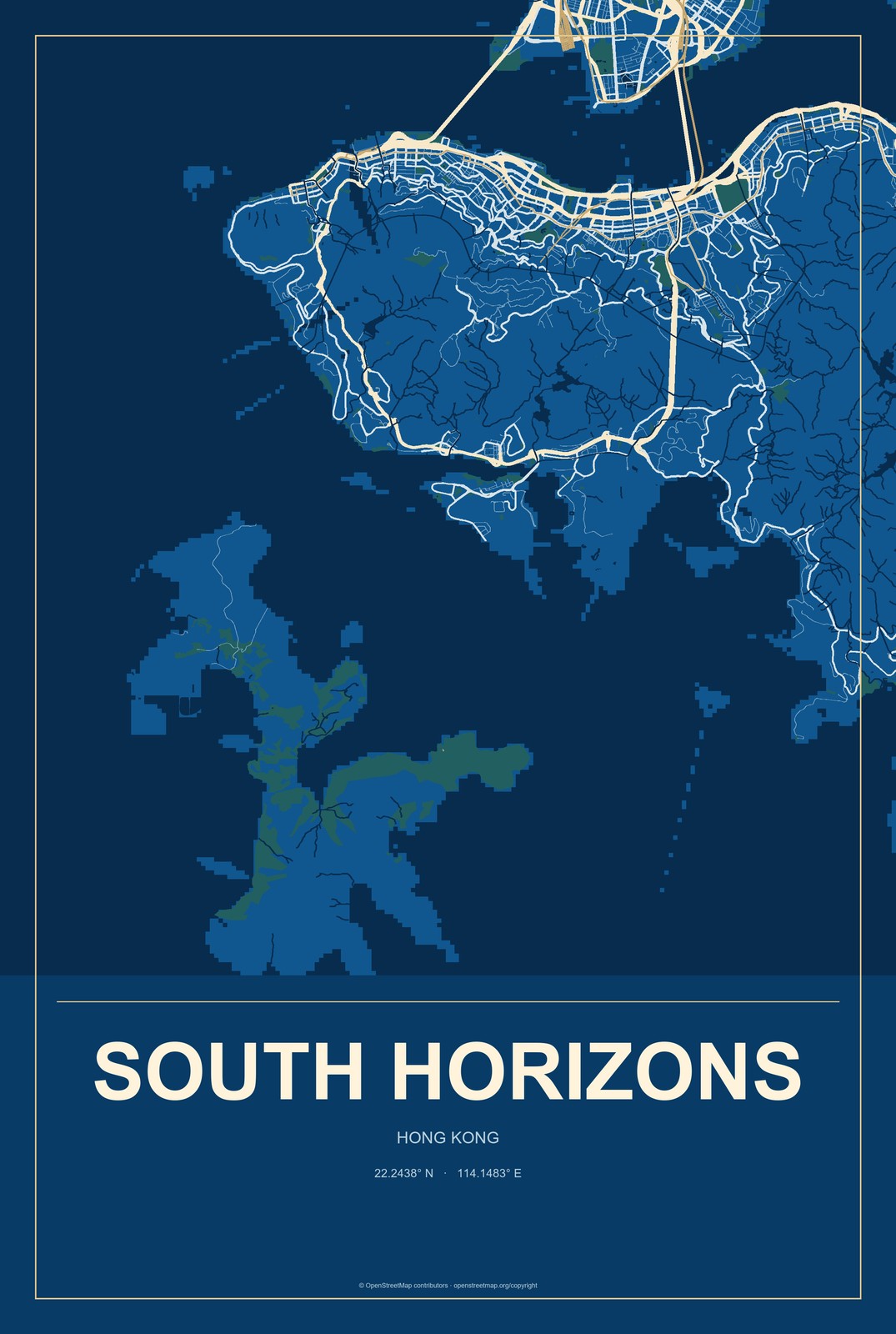 South Horizons, Hong Kong City Map Aluminum Sign in Harbor Cobalt style