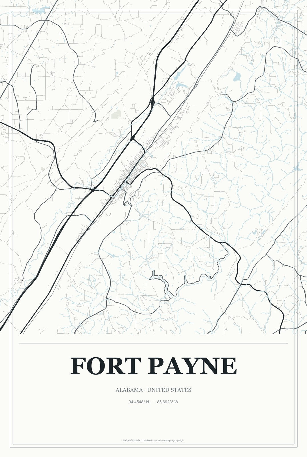 Fort Payne, Alabama City Map Aluminum Sign in Gallery Air style