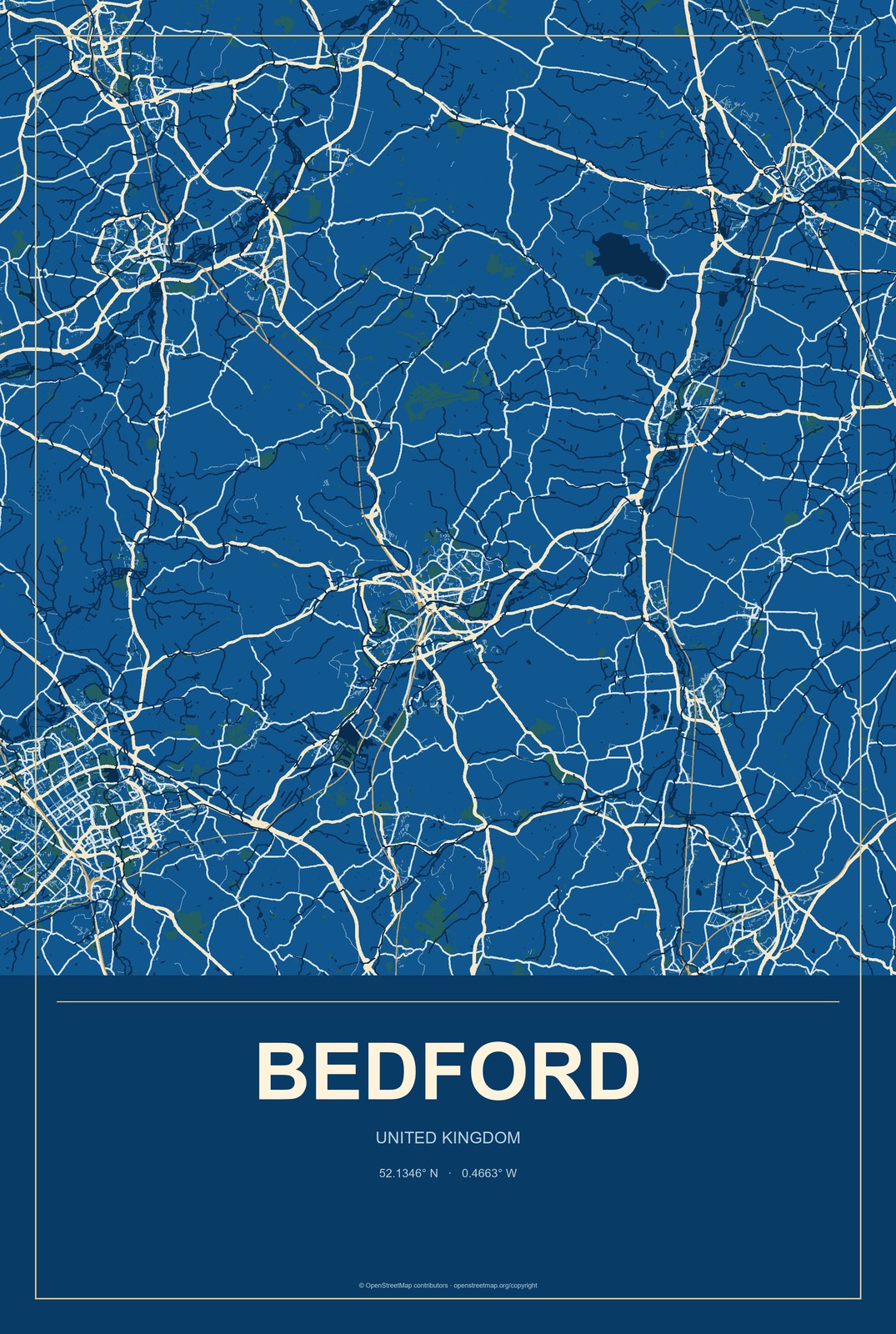 Bedford, United Kingdom City Map Aluminum Sign in Harbor Cobalt style