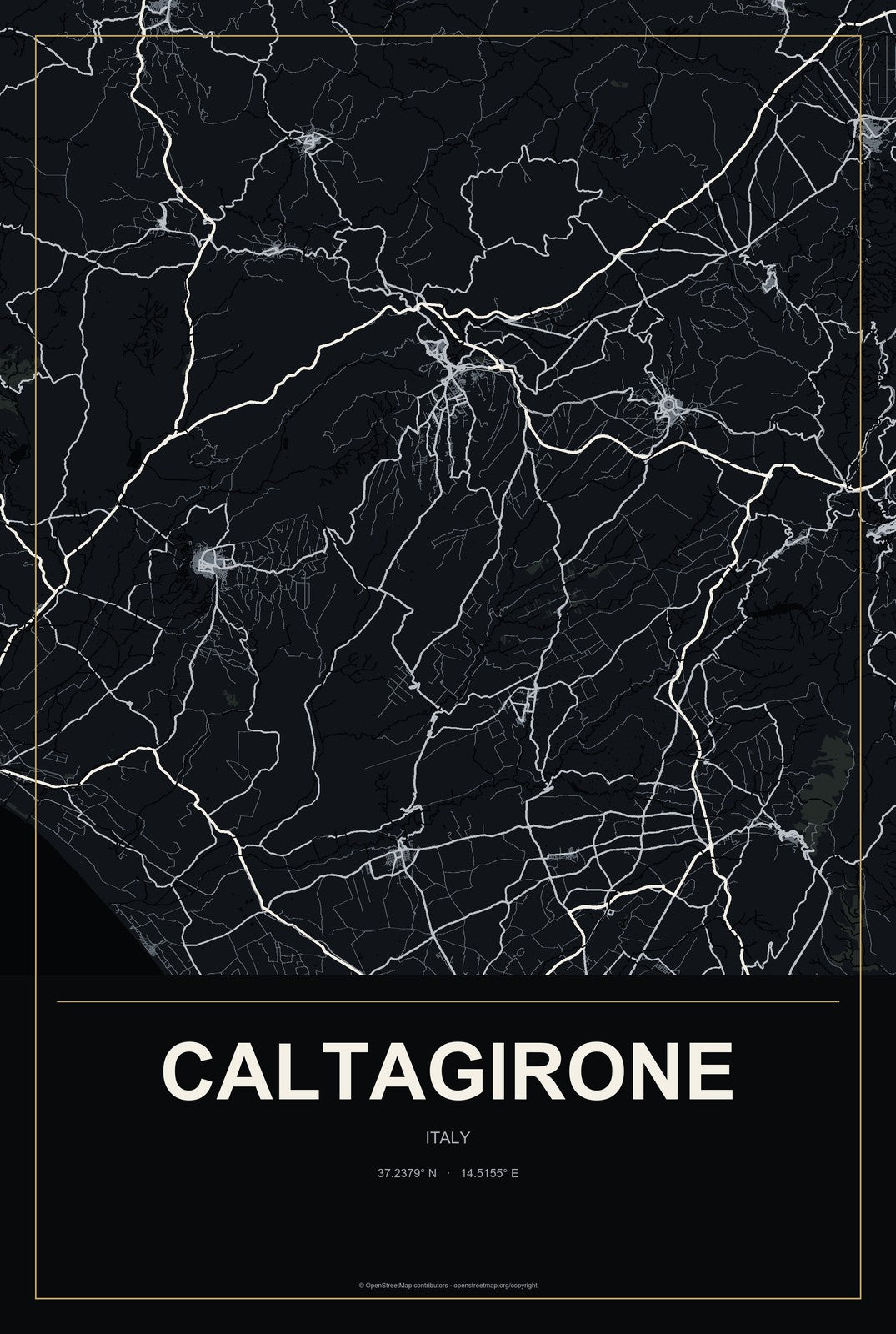 Caltagirone, Italy City Map Aluminum Sign in Metropolitan Noir style